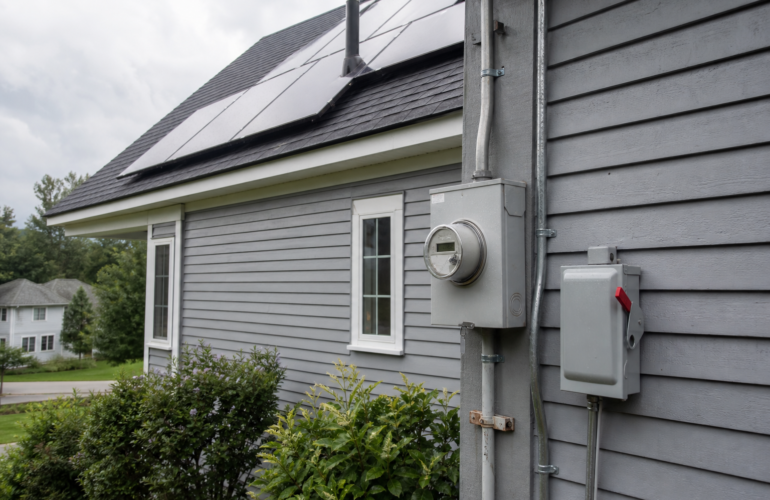 Residential electric meter and AC disconnect on a New England house with rooftop solar, illustrating a solar interconnection application closeout.