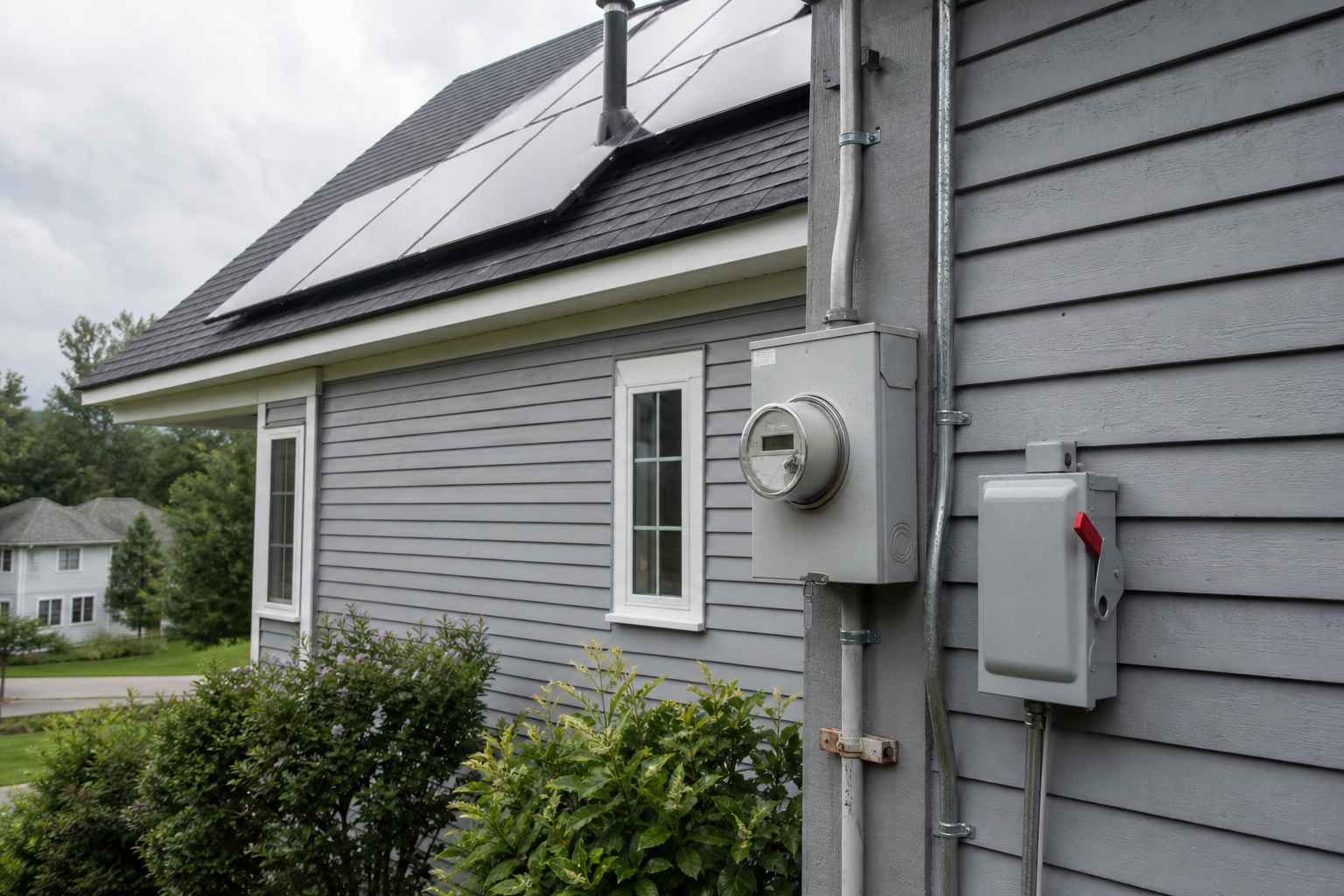Residential electric meter and AC disconnect on a New England house with rooftop solar, illustrating a solar interconnection application closeout.