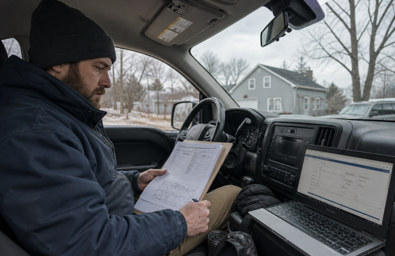 Installer in a work truck preparing a solar interconnection application on a laptop with a printed one-line drawing.