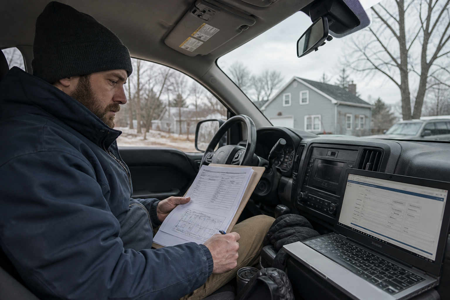 Installer in a work truck preparing a solar interconnection application on a laptop with a printed one-line drawing.