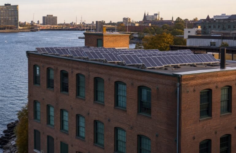 Rhode Island brick mill with rooftop solar along a waterfront, used for a net metering tariff story.
