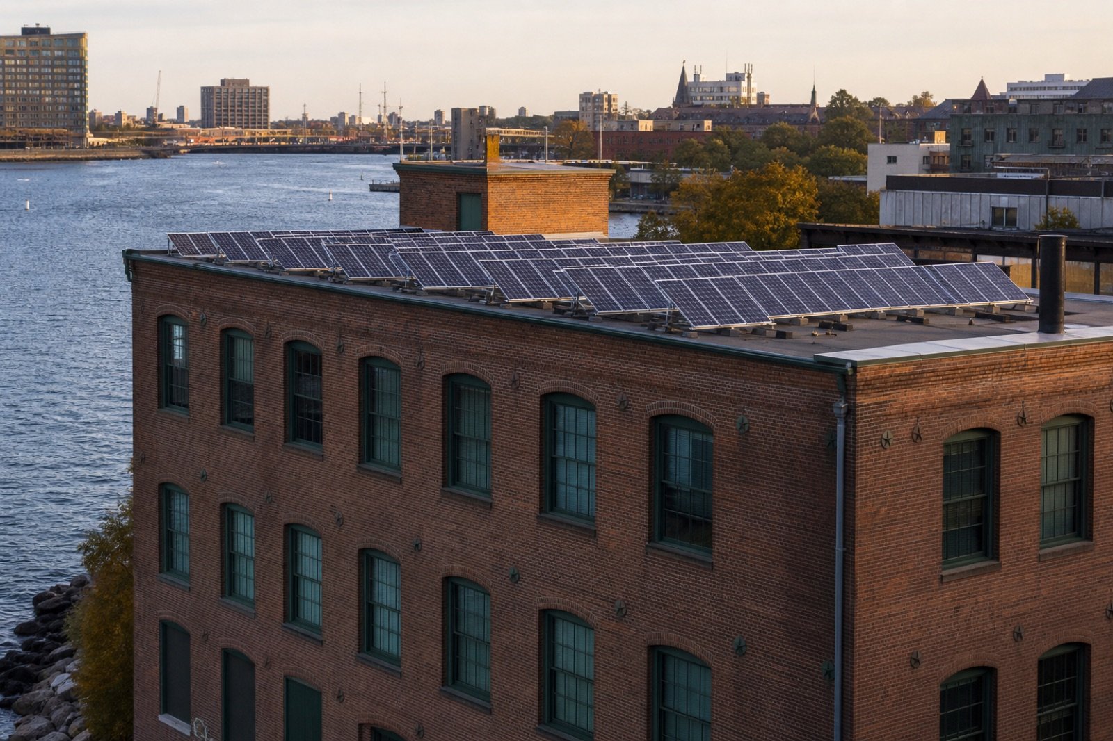 Rhode Island brick mill with rooftop solar along a waterfront, used for a net metering tariff story.