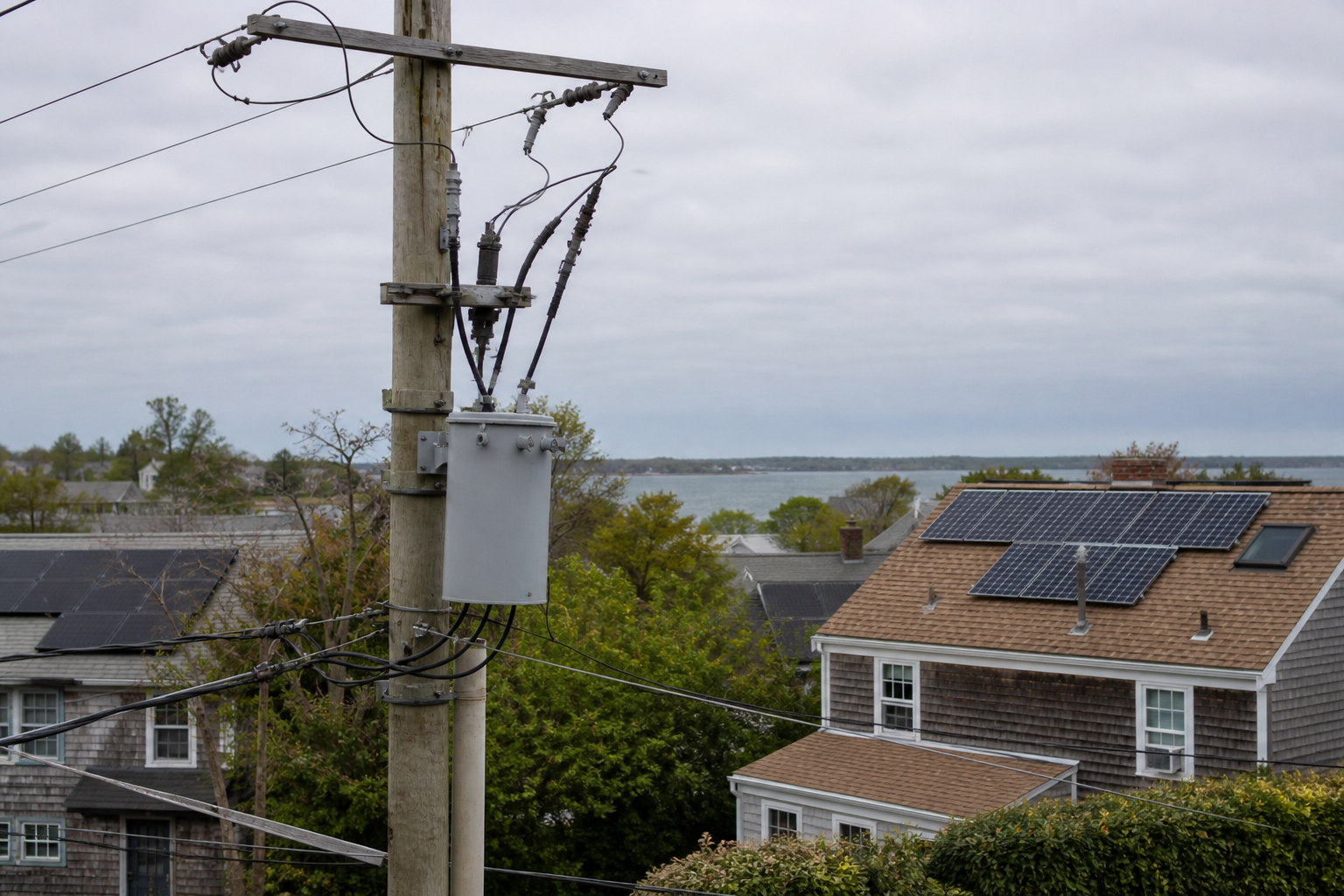 Utility pole and rooftop solar in a coastal New England neighborhood, showing utility interconnection for solar.
