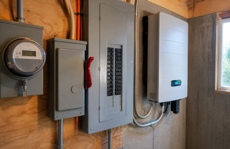 Bidirectional utility meter and solar AC disconnect next to a residential electrical panel.