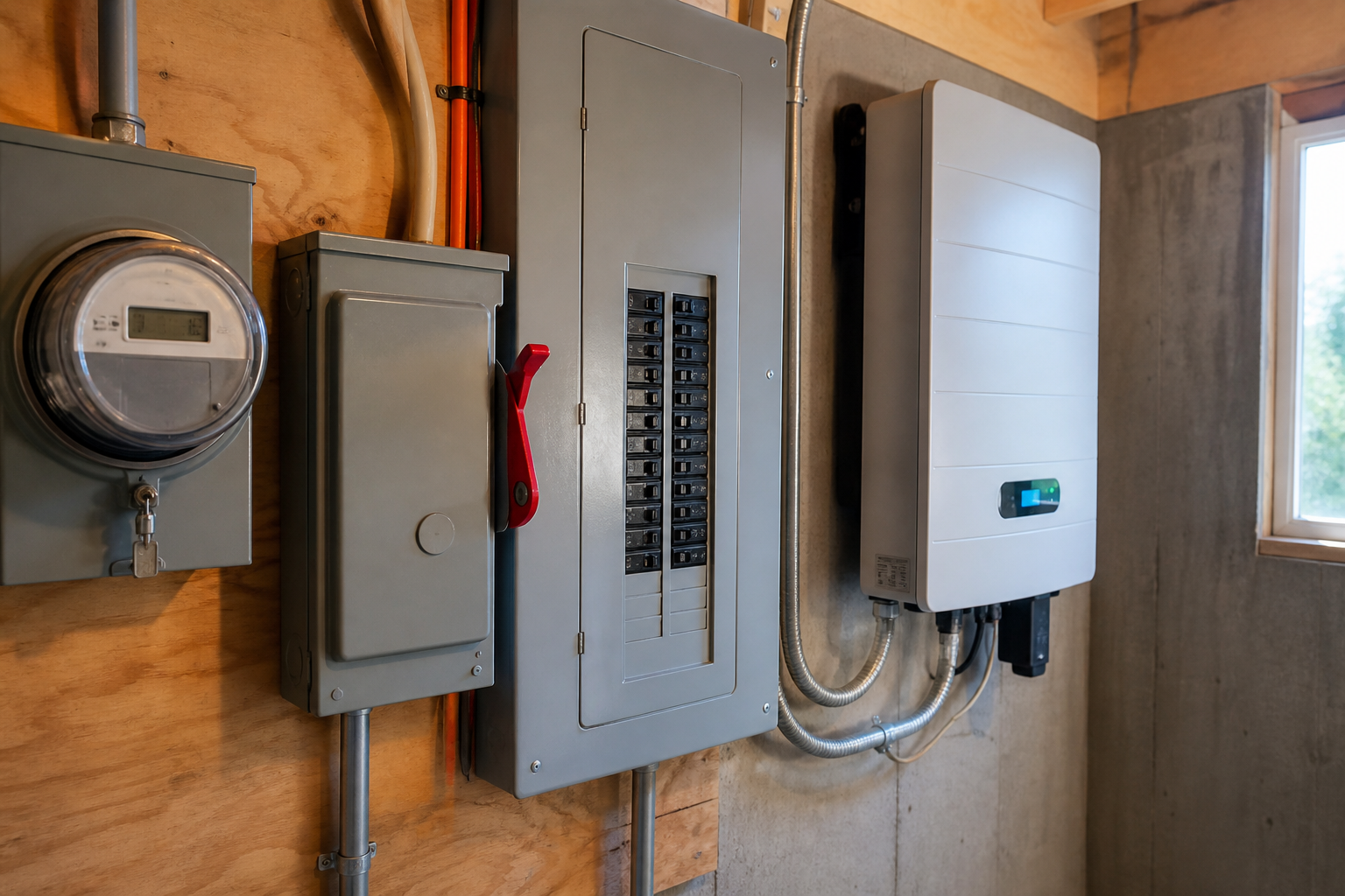 Bidirectional utility meter and solar AC disconnect next to a residential electrical panel.