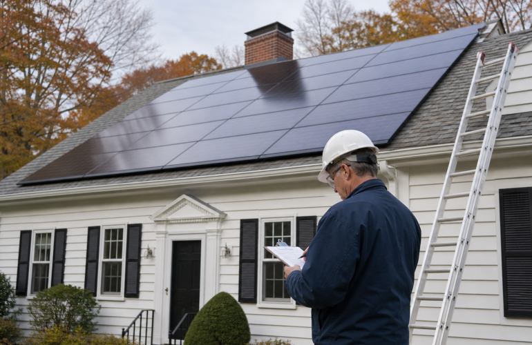 Electrical inspector with a clipboard beside a newly installed residential rooftop solar array.