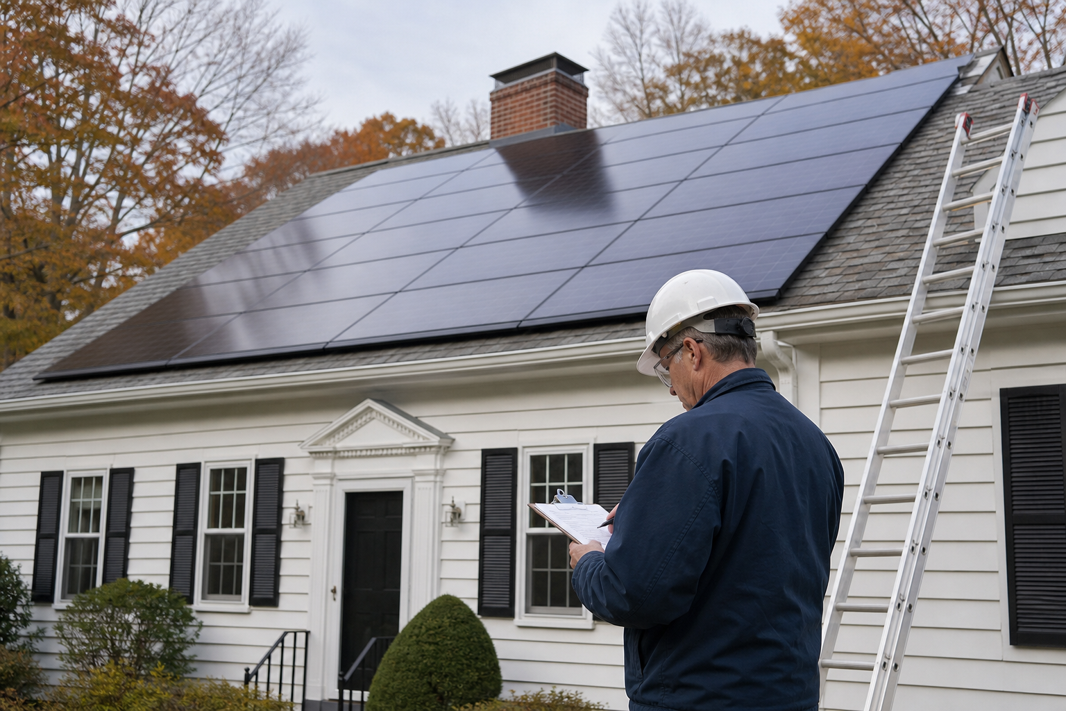 Electrical inspector with a clipboard beside a newly installed residential rooftop solar array.