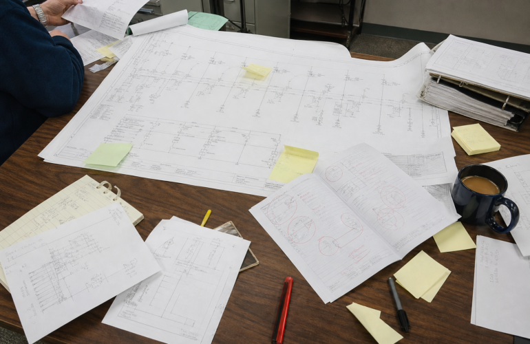 Desk with a marked-up solar one-line drawing and missing cut sheets for an incomplete interconnection application.