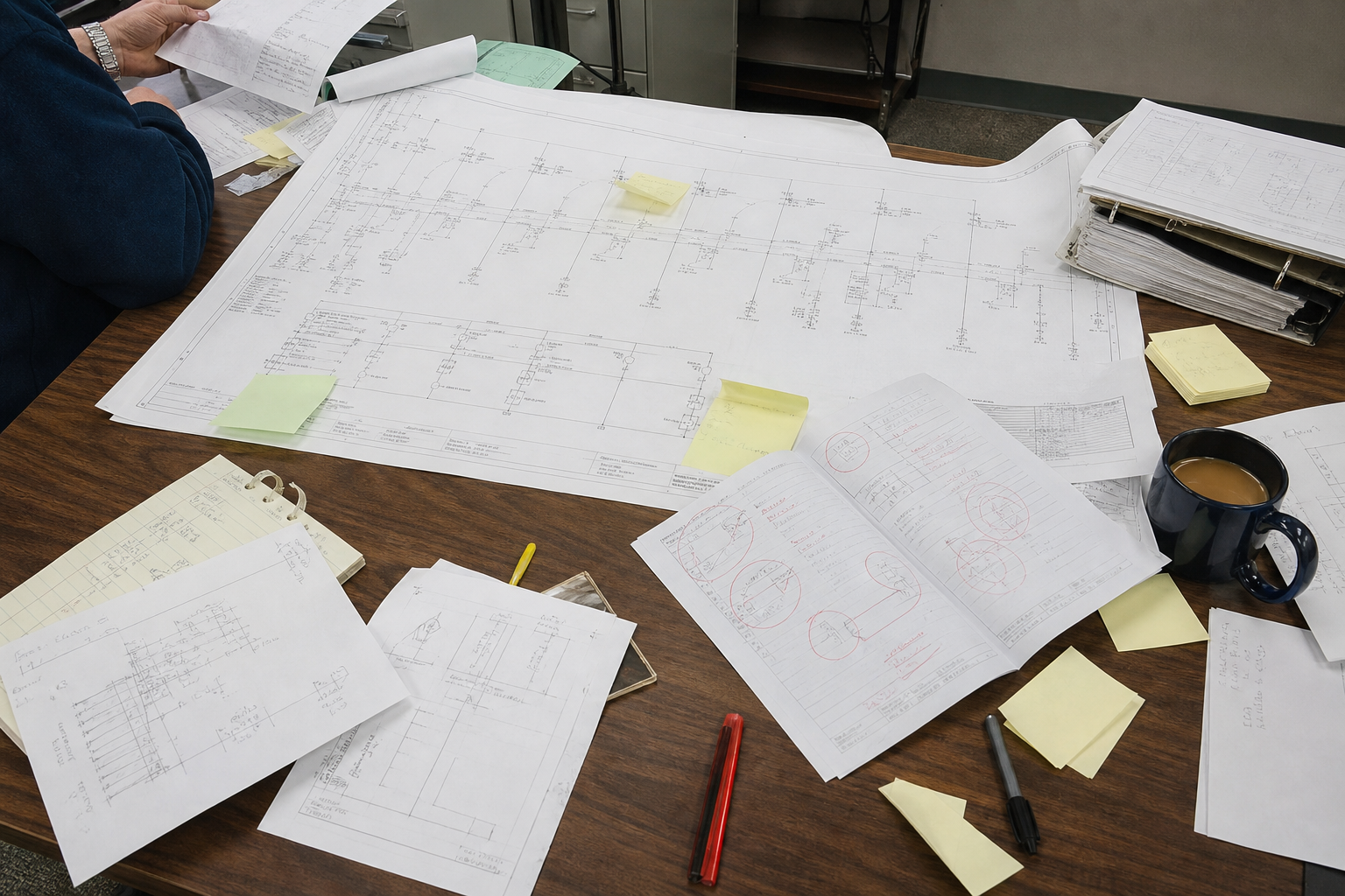 Desk with a marked-up solar one-line drawing and missing cut sheets for an incomplete interconnection application.