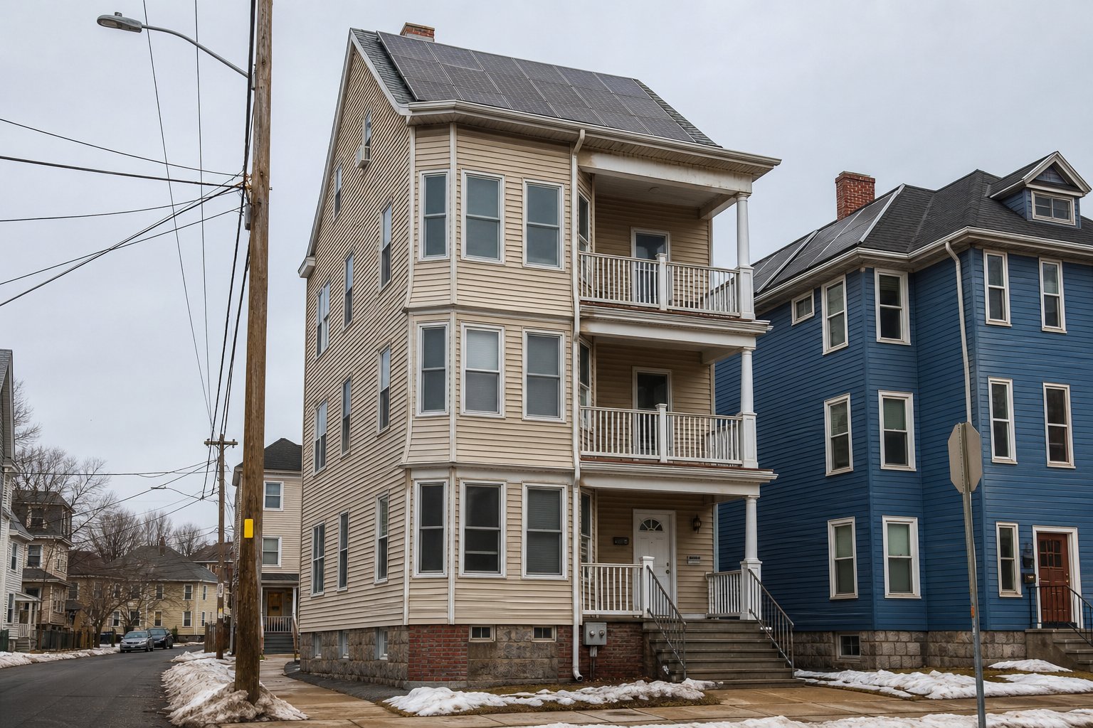 Worcester Massachusetts triple-decker with rooftop solar under a gray sky.