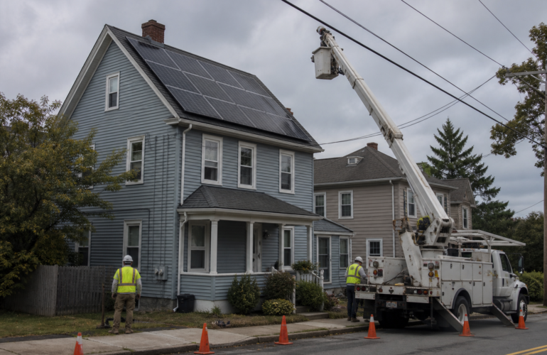 Providence Rhode Island house with rooftop solar and a utility truck on the street.
