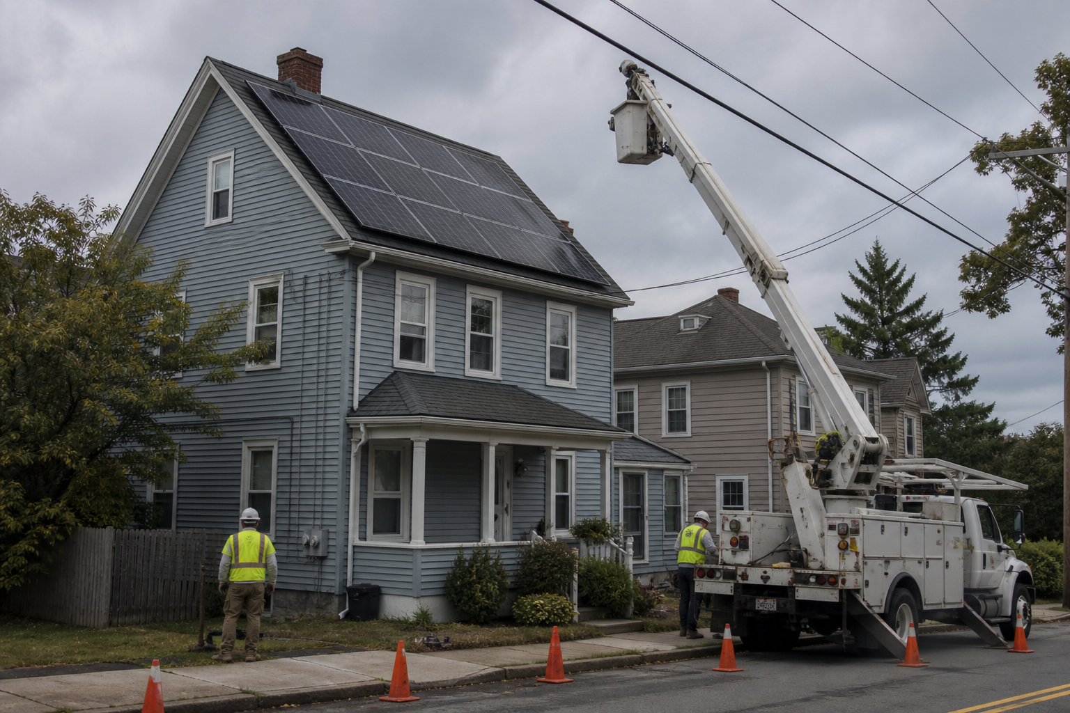 Providence Rhode Island house with rooftop solar and a utility truck on the street.