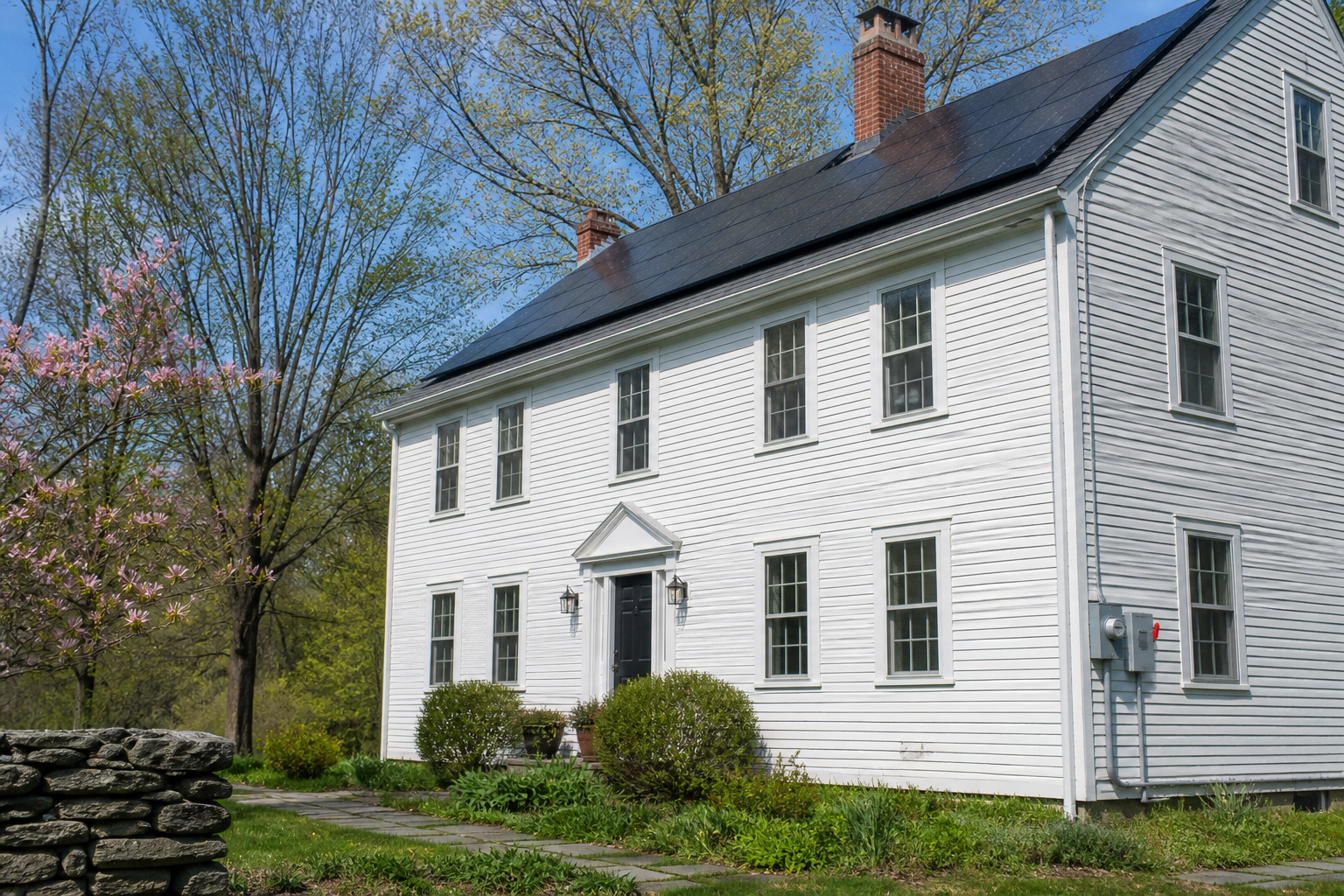 Connecticut colonial home with rooftop solar and an outdoor AC disconnect beside the meter.