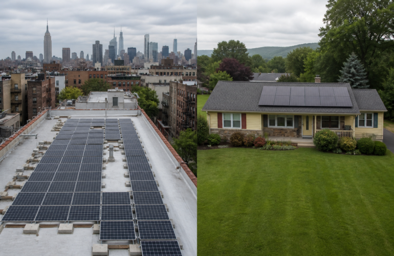 Urban brick rooftop solar in New York near suburban Pennsylvania-style rooftop solar under overcast sky.