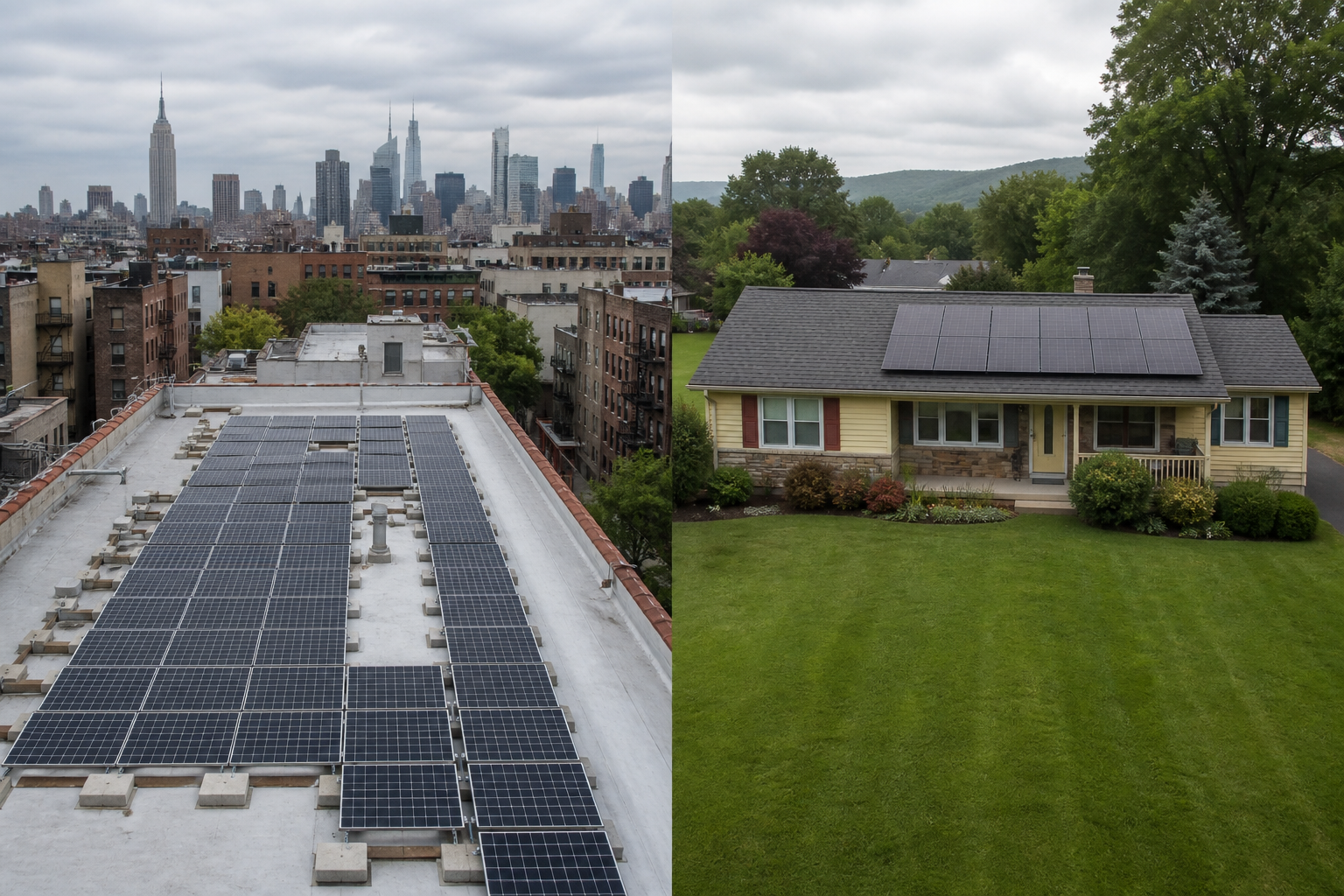 Urban brick rooftop solar in New York near suburban Pennsylvania-style rooftop solar under overcast sky.