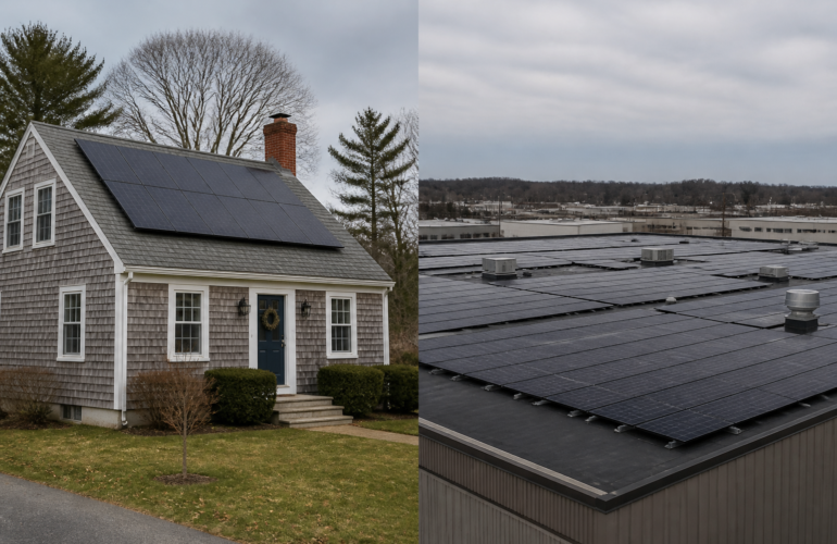 Small residential rooftop solar beside a large commercial warehouse solar array in the Northeast.
