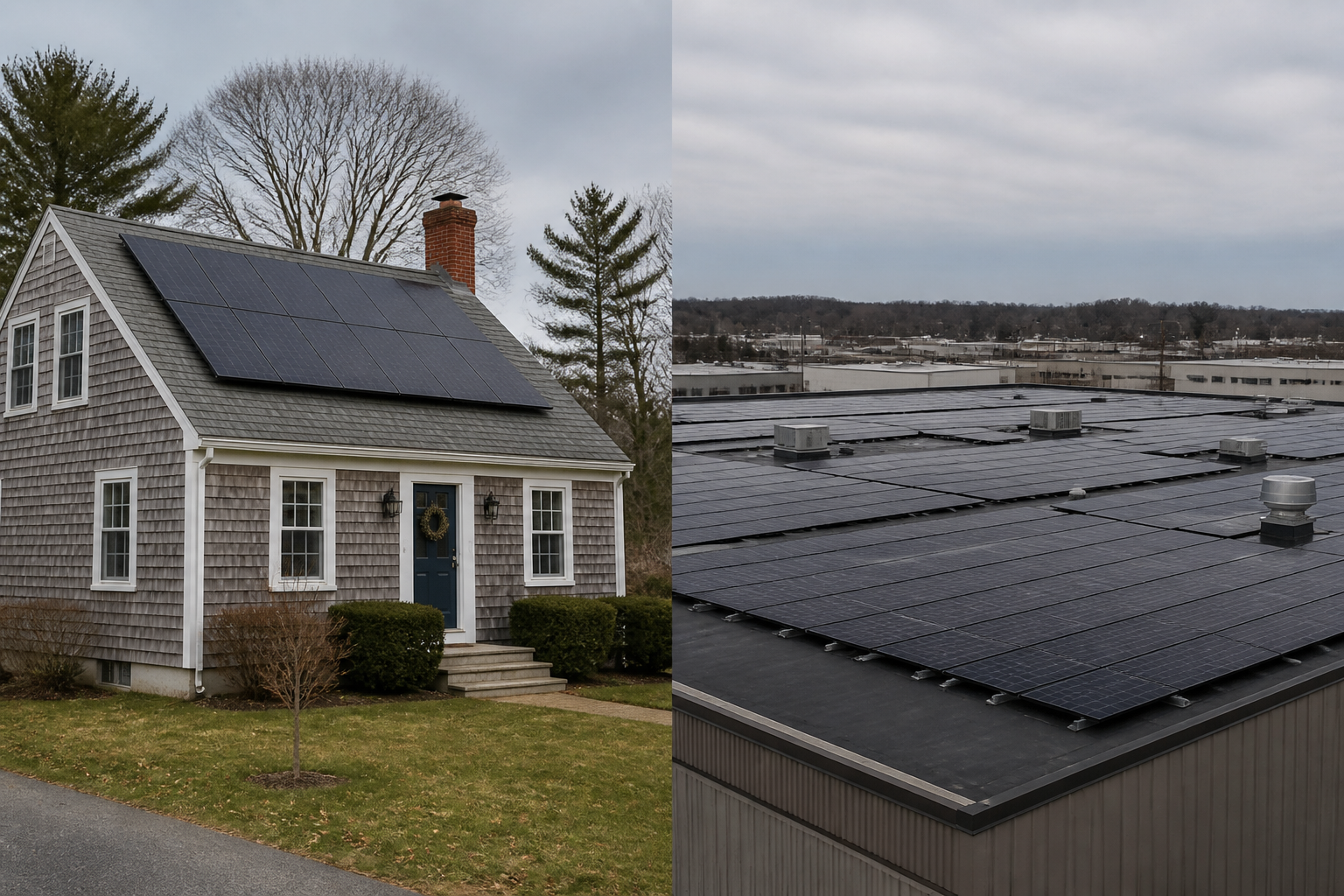 Small residential rooftop solar beside a large commercial warehouse solar array in the Northeast.