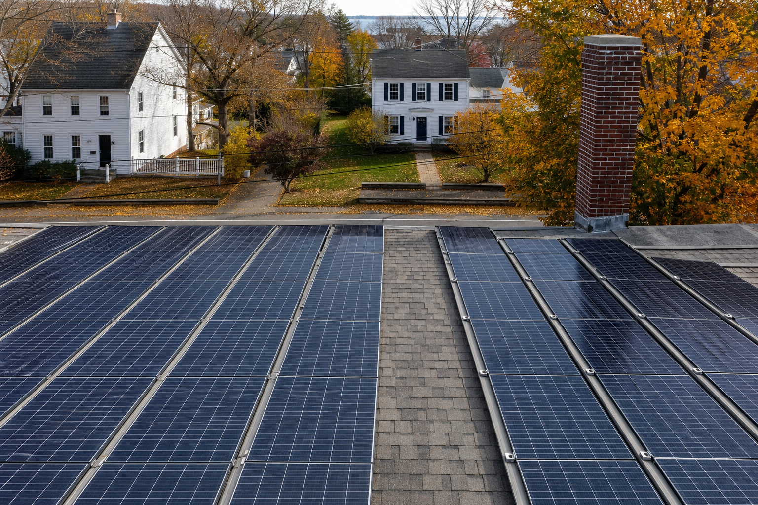 New England colonial rooftop solar with a clear firefighter access pathway between modules.