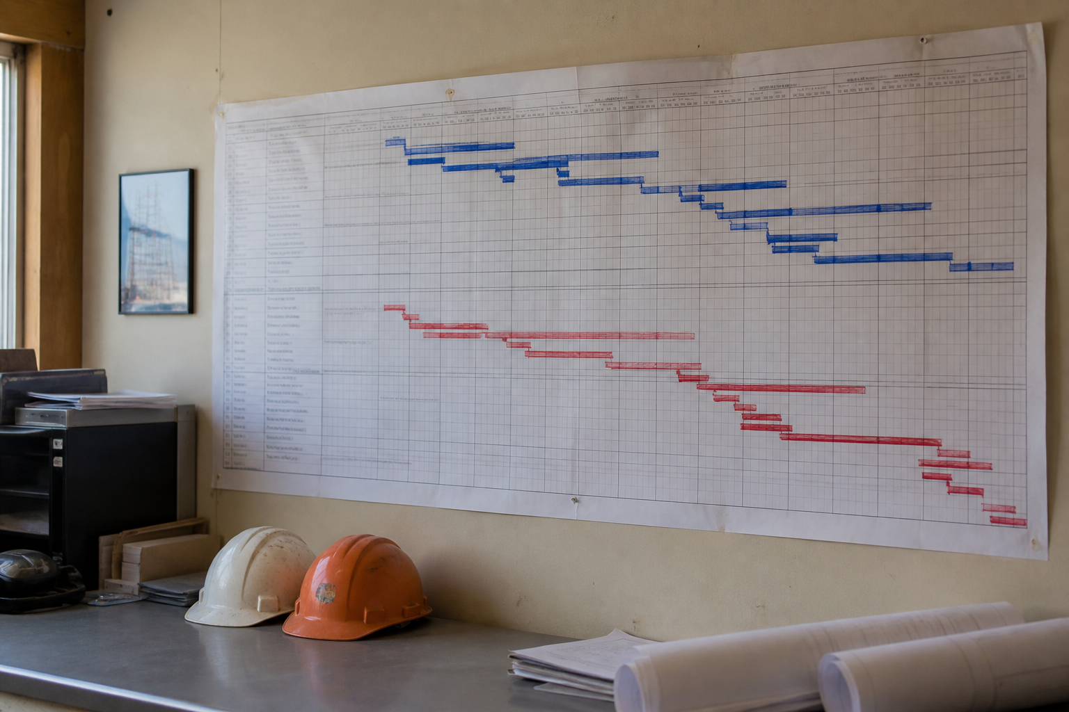 Contractor office wall schedule showing two separate project timelines for permit and interconnection.