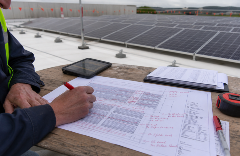 Engineer marking red revisions on a printed rooftop solar plan at a jobsite table.