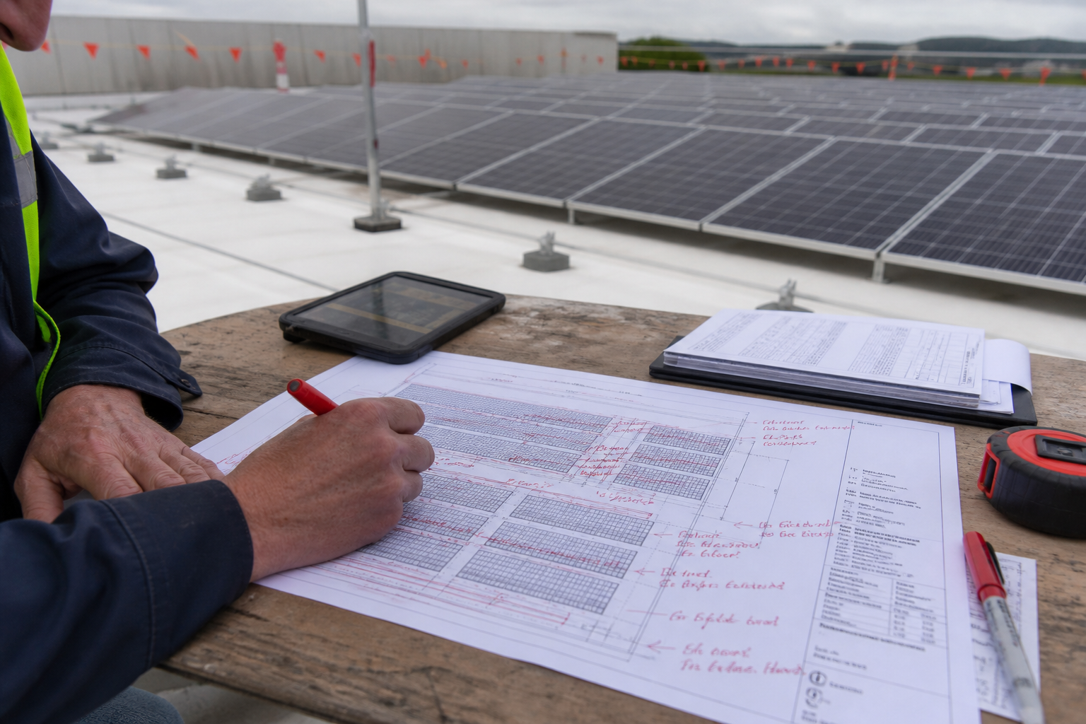 Engineer marking red revisions on a printed rooftop solar plan at a jobsite table.