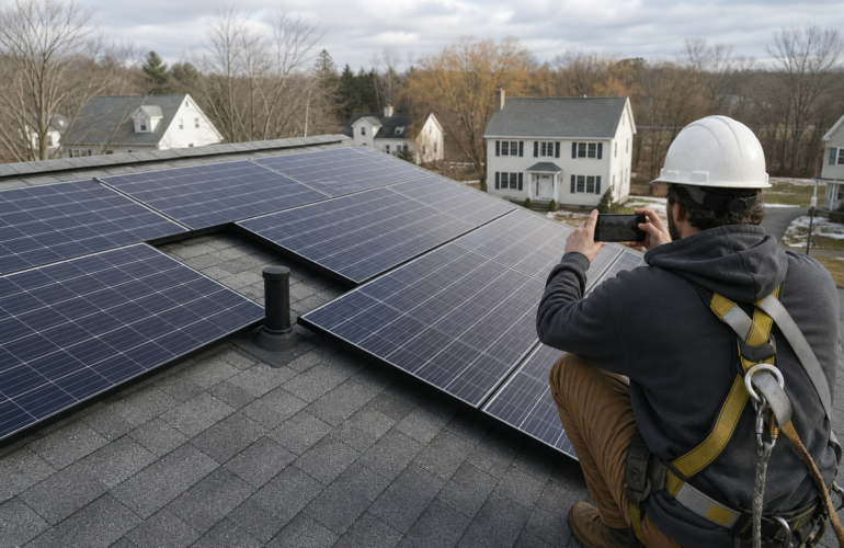 Rooftop solar array with modules shifted around a plumbing vent, installer photographing the layout.