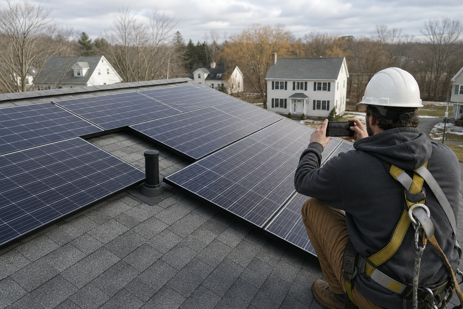 Rooftop solar array with modules shifted around a plumbing vent, installer photographing the layout.