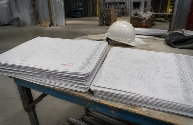 Two stacks of printed solar plan sets on a jobsite table, issued versus marked-up record drawings.