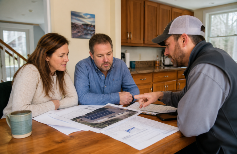 Kitchen table meeting with a printed solar layout and a utility bill during a sales proposal.