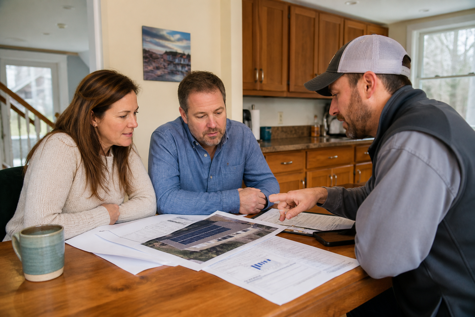 Kitchen table meeting with a printed solar layout and a utility bill during a sales proposal.