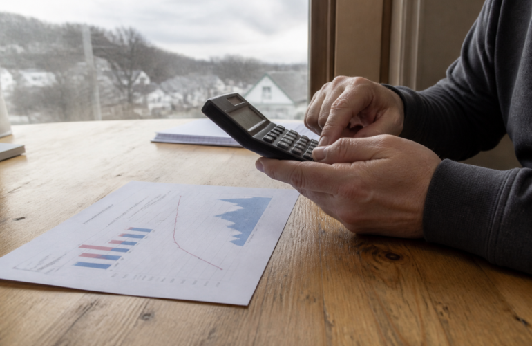 Hands with a calculator and printed production figures on a wooden desk in overcast daylight.