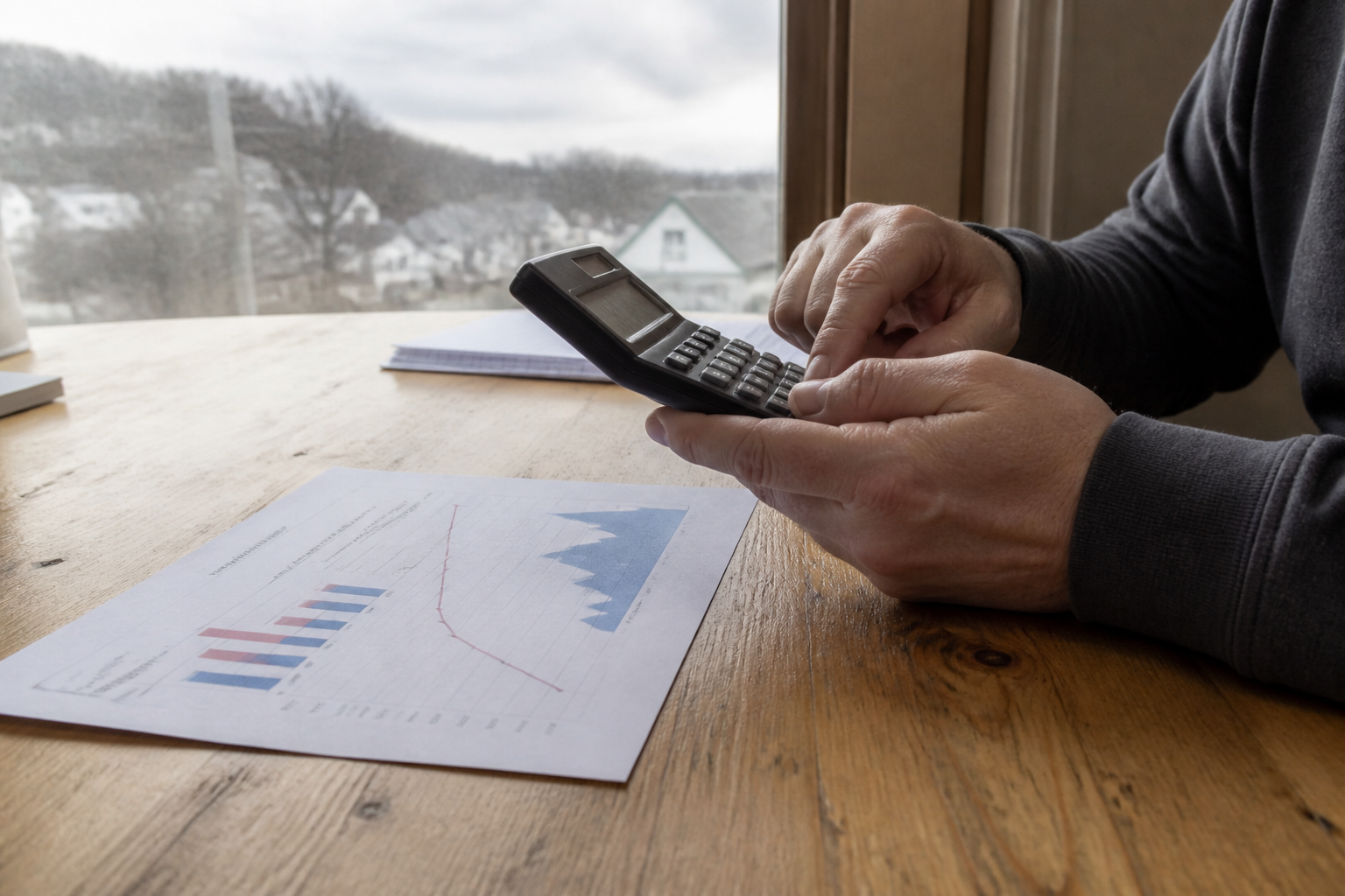 Hands with a calculator and printed production figures on a wooden desk in overcast daylight.