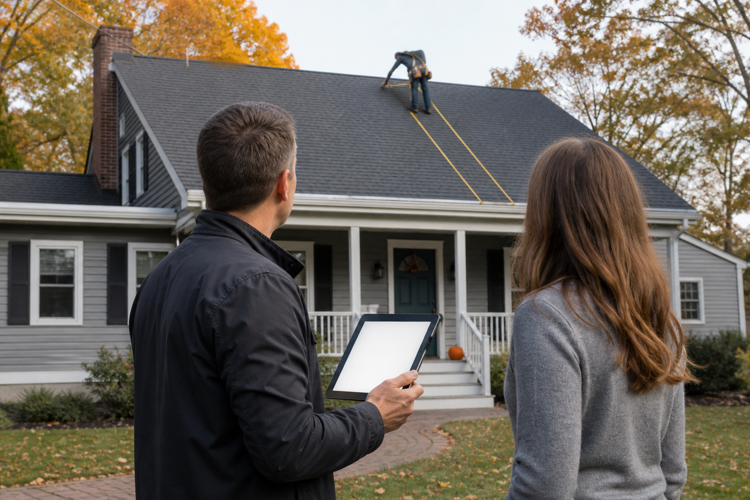 Installer and homeowner on a porch looking up at a roof being measured for solar.