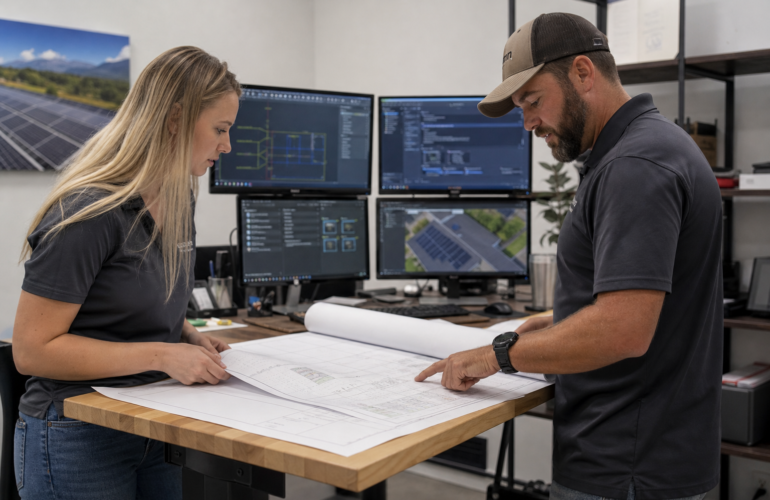 Two people reviewing solar blueprints in a small contractor office.