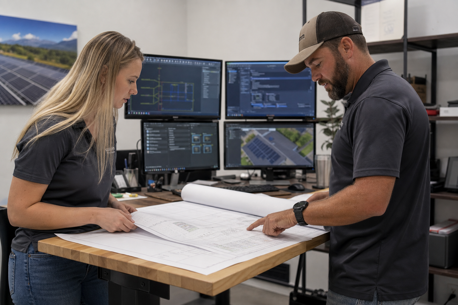 Two people reviewing solar blueprints in a small contractor office.