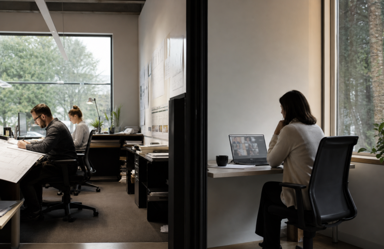 Busy in-house drafting desks beside a quieter laptop workstation in a Northeast office.