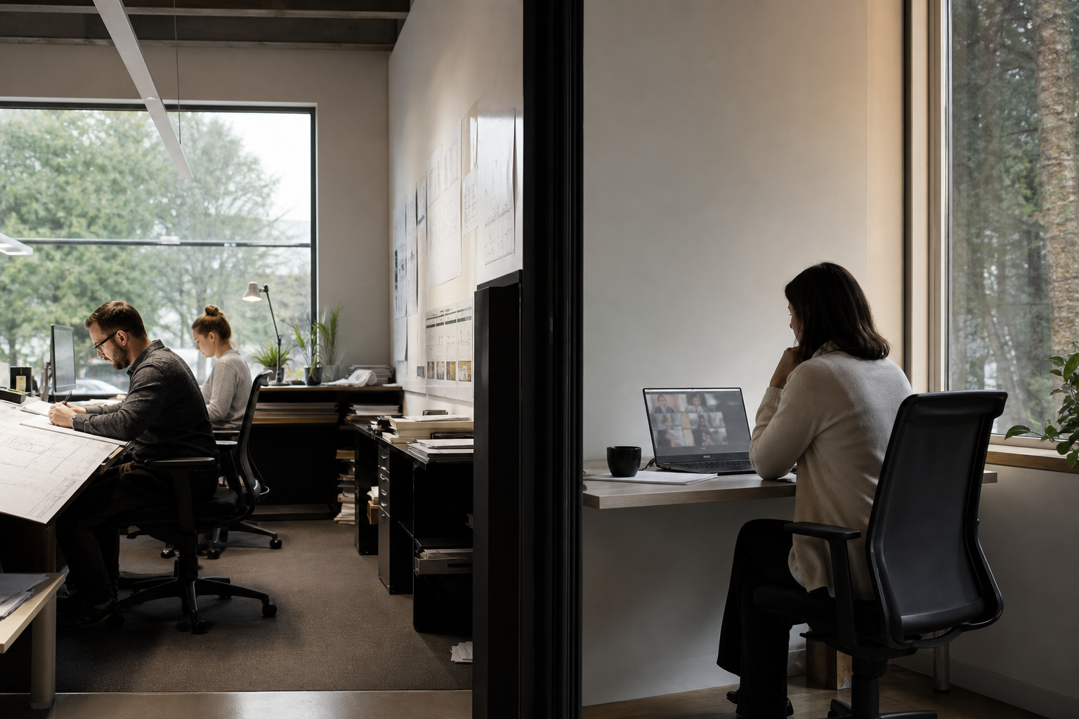 Busy in-house drafting desks beside a quieter laptop workstation in a Northeast office.