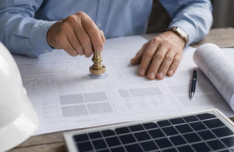 Professional engineer wet-stamping a solar electrical drawing on a desk.