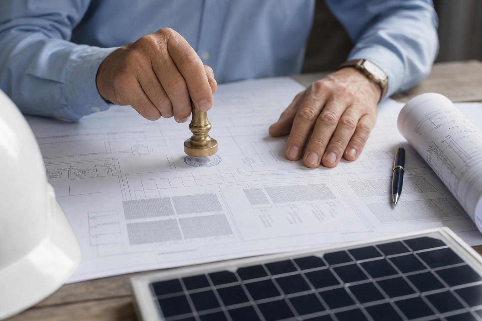 Professional engineer wet-stamping a solar electrical drawing on a desk.