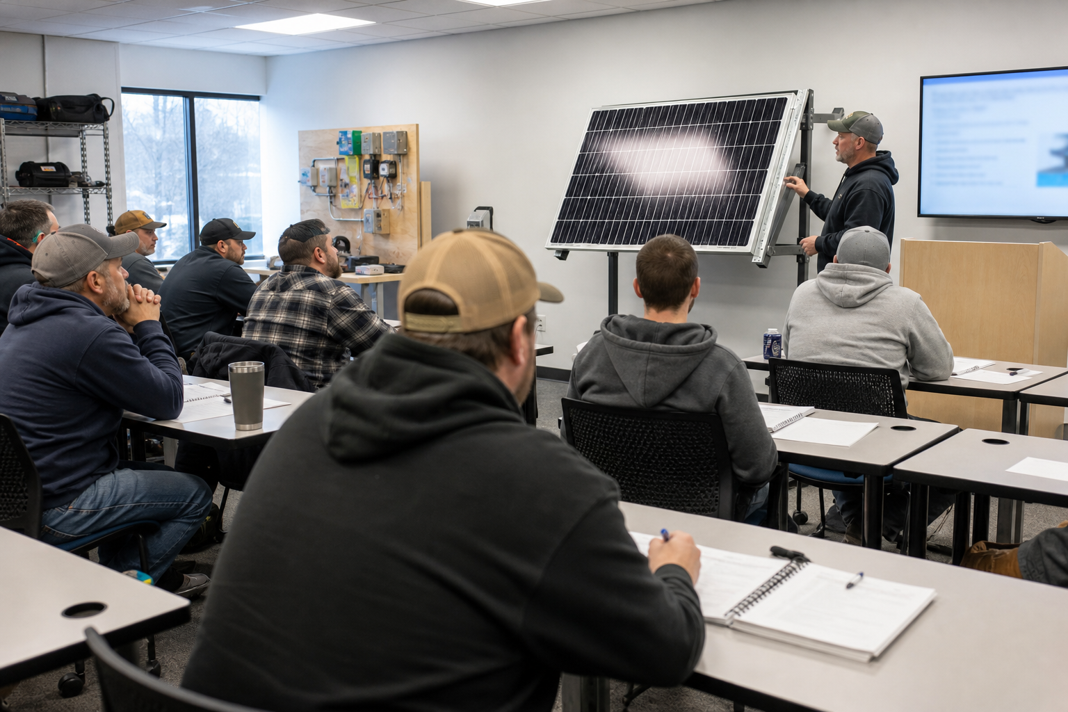 Solar training classroom with a PV module on a stand and installers taking notes.