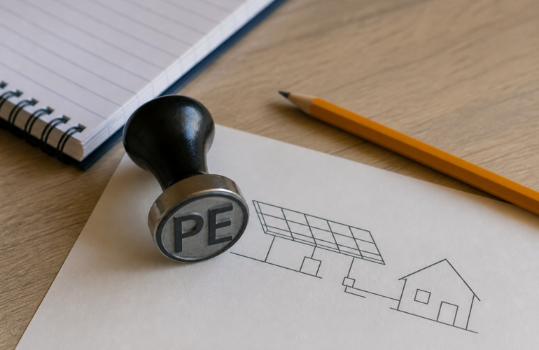 PE ink stamp on a desk next to a notebook and a solar one-line drawing.