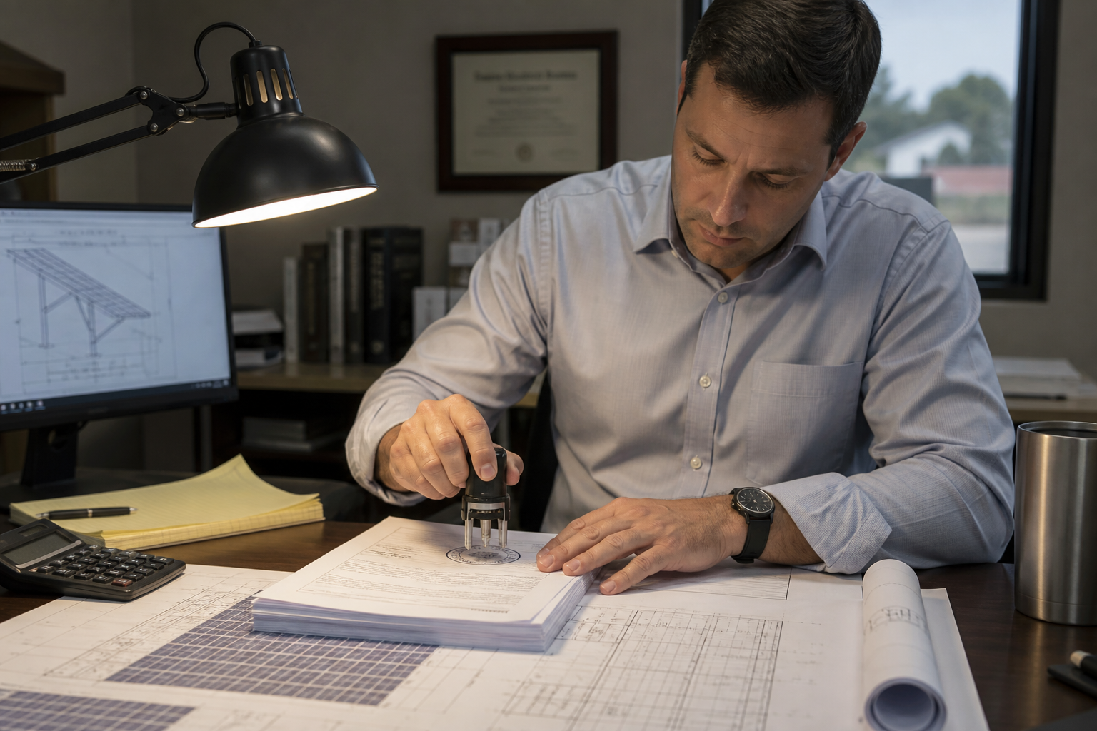 Engineer applying a circular ink seal to a solar structural calculation packet.
