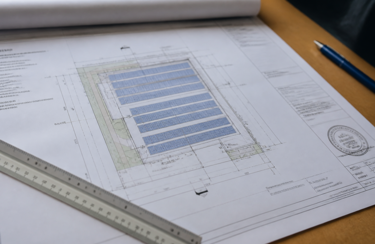 Corner of a stamped solar roof plan on a drafting table with a scale ruler.