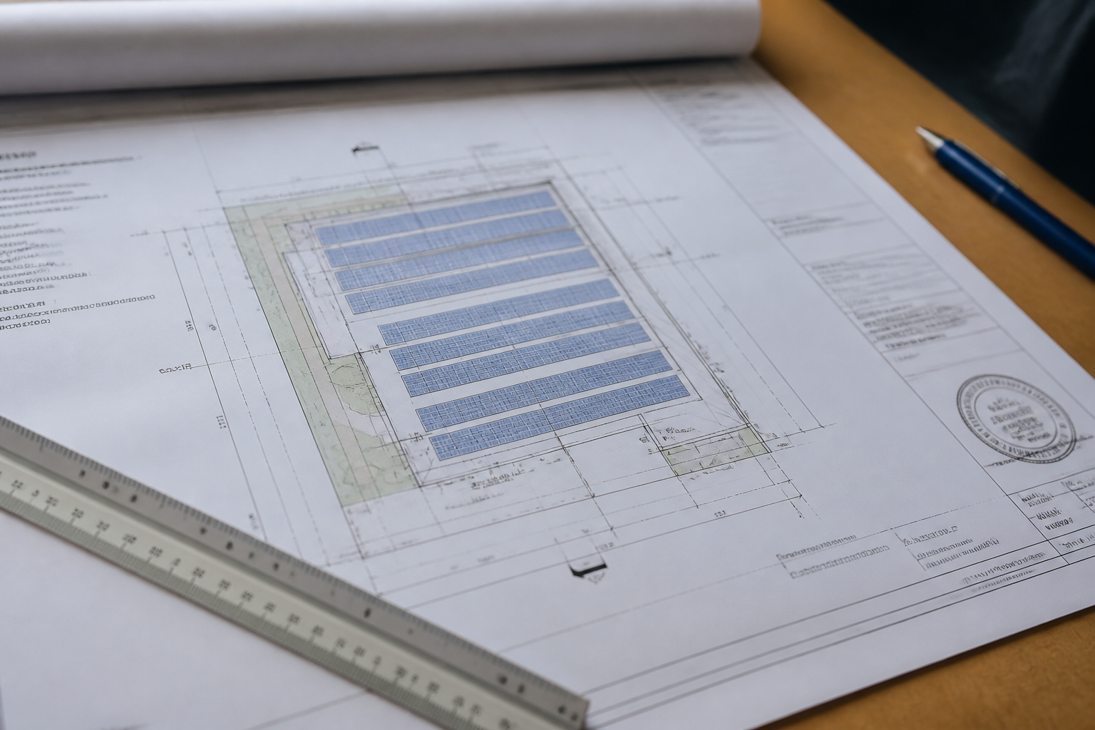 Corner of a stamped solar roof plan on a drafting table with a scale ruler.