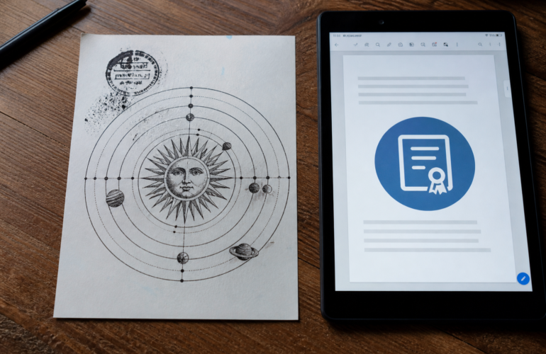 Wet-ink stamped solar drawing beside a tablet showing a digitally signed PDF.