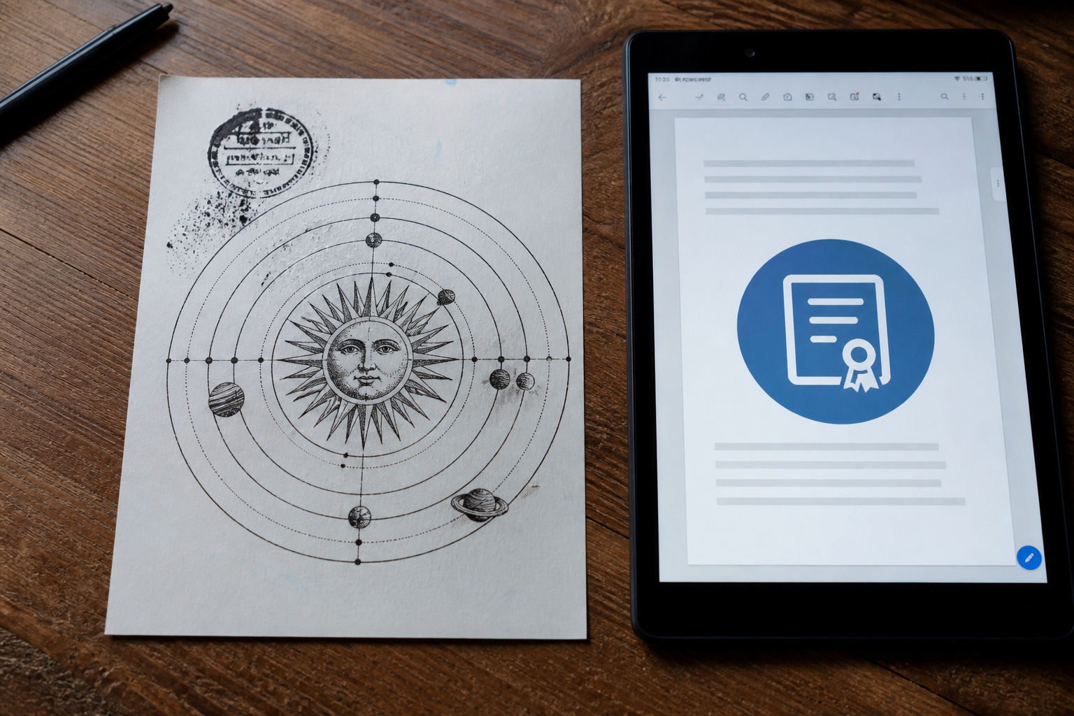 Wet-ink stamped solar drawing beside a tablet showing a digitally signed PDF.