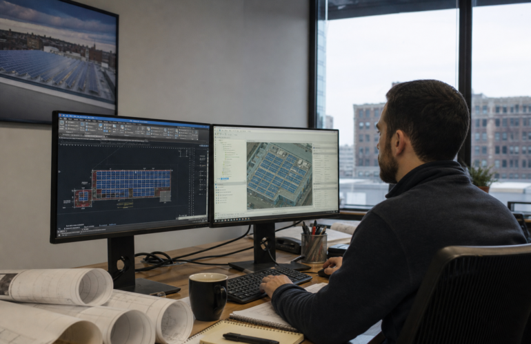 CAD workstation with dual monitors showing a rooftop solar layout and rolled plan prints.