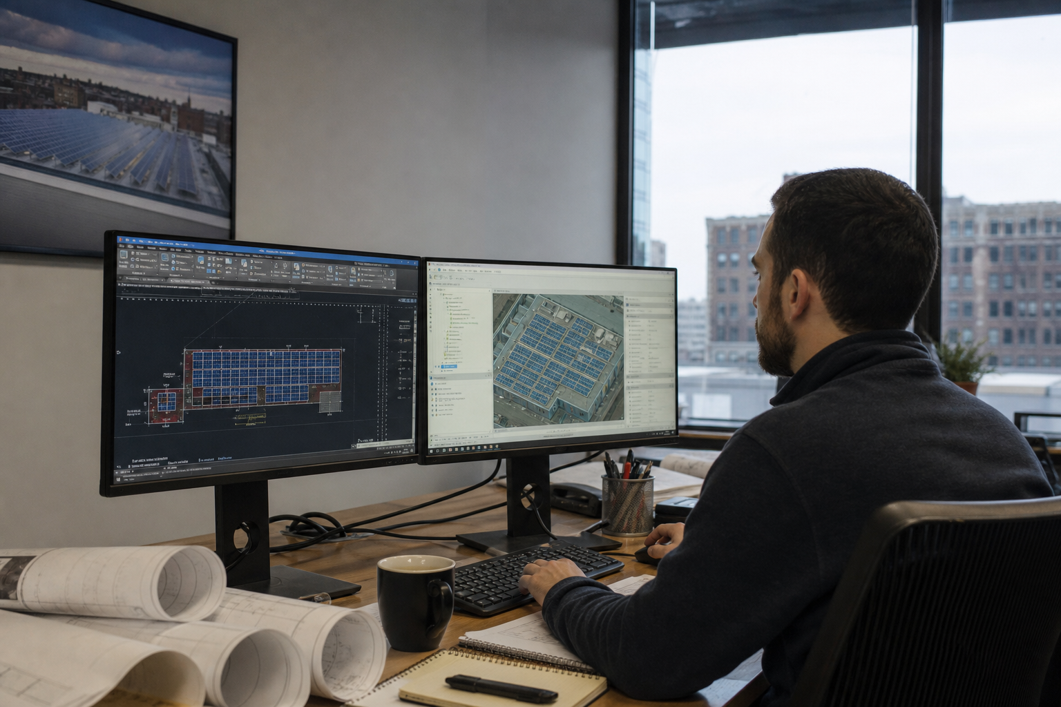 CAD workstation with dual monitors showing a rooftop solar layout and rolled plan prints.