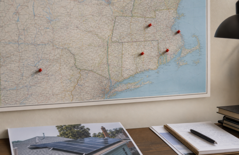 Wall map of the US Northeast with pins marking five East Coast states next to a rooftop solar photo.