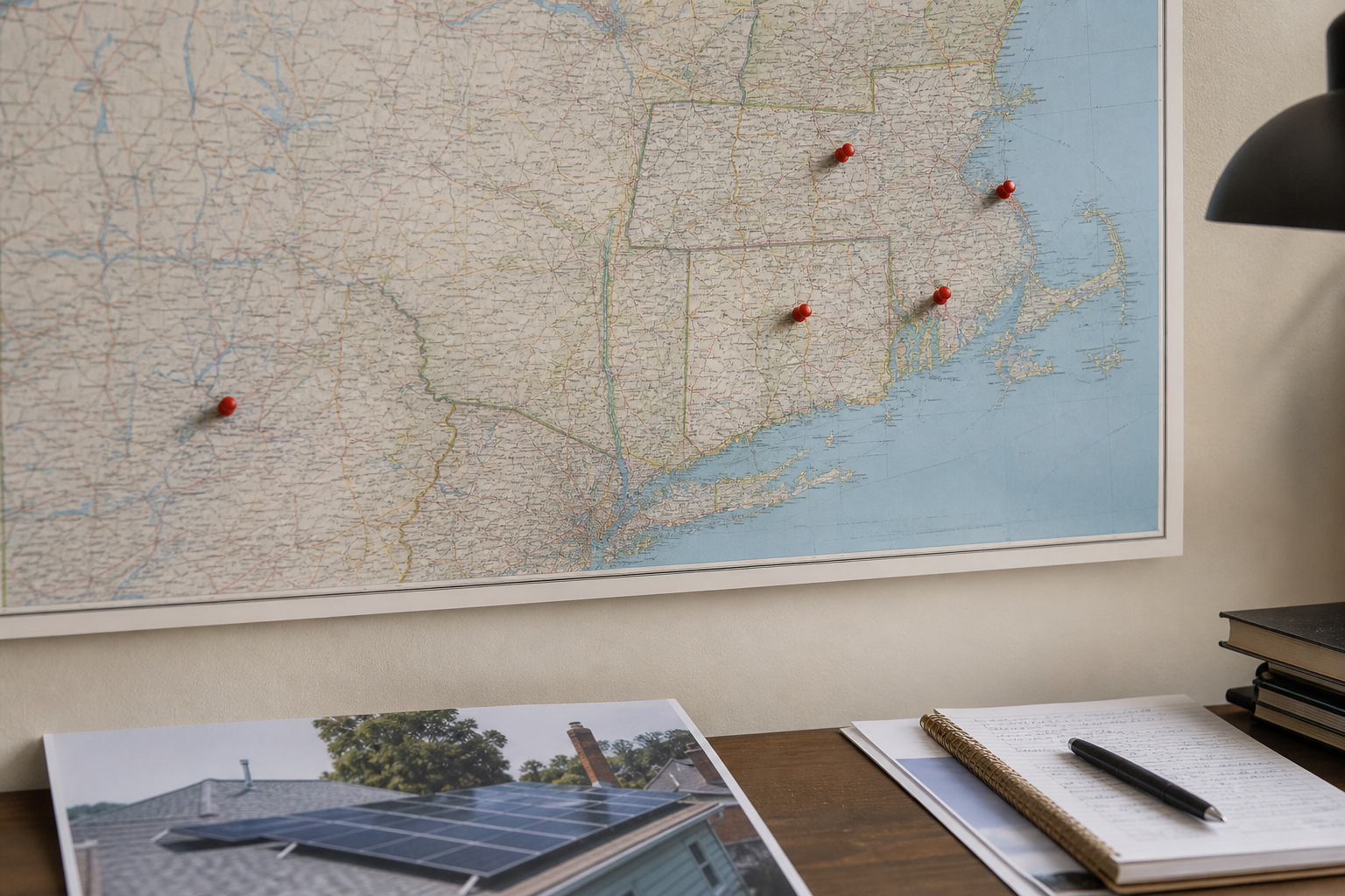 Wall map of the US Northeast with pins marking five East Coast states next to a rooftop solar photo.